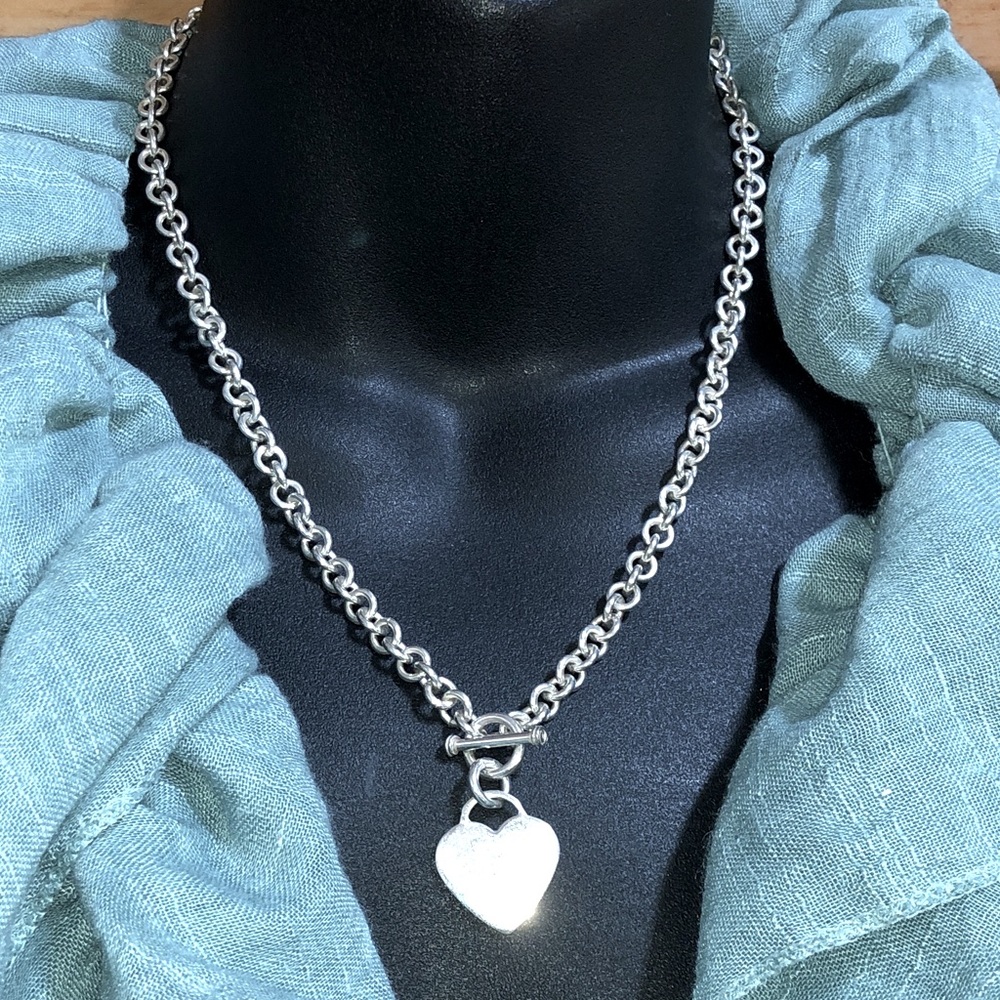 Solid Sterling Silver 925 Rolo Toggle Clasp Heart… - image 2